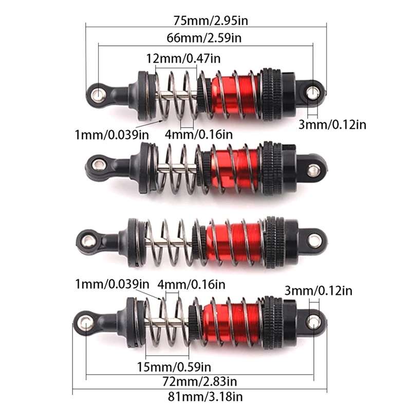 X18A-1 Set RC Auto Metalen Schokdemper Voor SCY 1/16 MJX H16H 14301,14210 1/16 1/12 1/14 Upgrade Onderdelen Accessoires 75mm 81mm