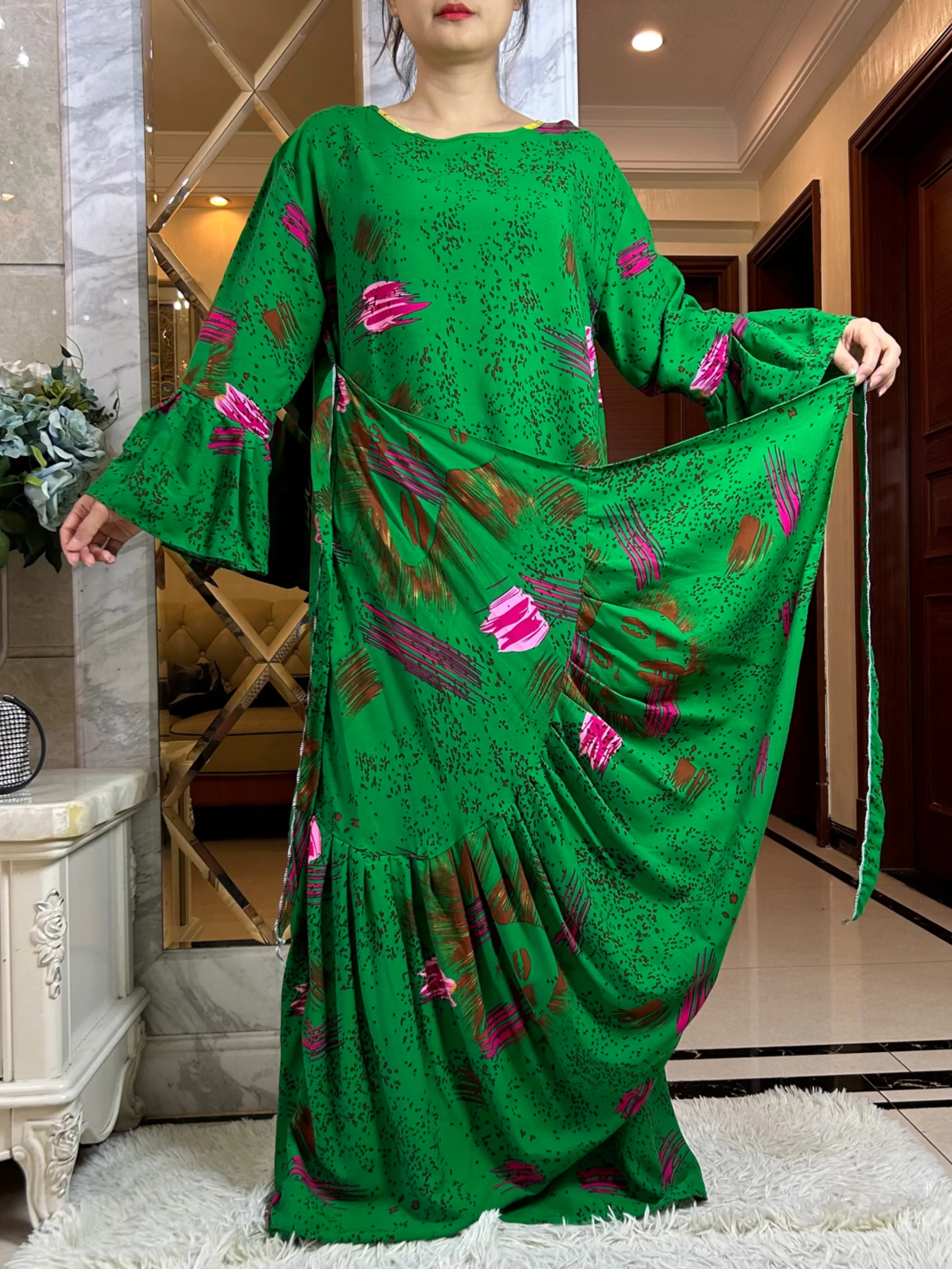 Latest Dubai Fashion Lady Clothing Soft Cotton Printing Loose Maxi Islam Women  Long Sleeve African Abaya Dress With Scarf