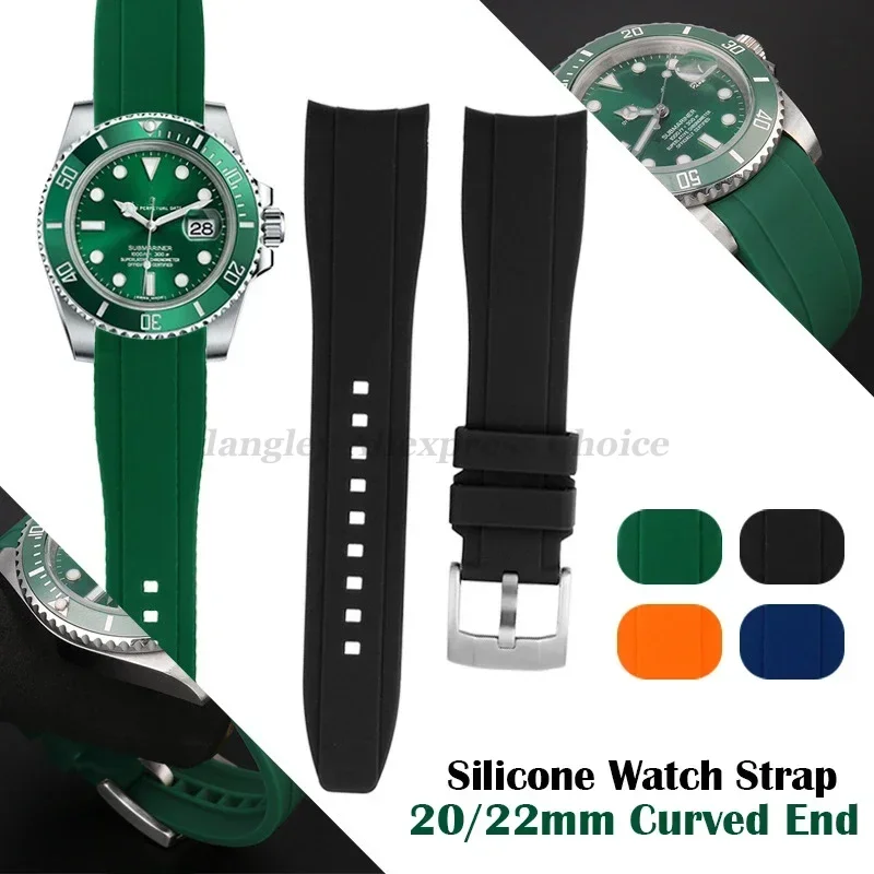 Correa de reloj de goma suave con extremo curvado de 20mm y 22mm para Seiko para Rolex Green Water Ghost, pulsera de silicona para reloj, banda deportiva para hombre