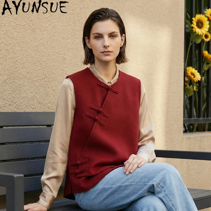 AYUNSUE Women's 100% Wool Vest Chinese Style Double-sided Wool Waistcoat Knot Button Sleeveless Tops for Woman Clothes Жилет