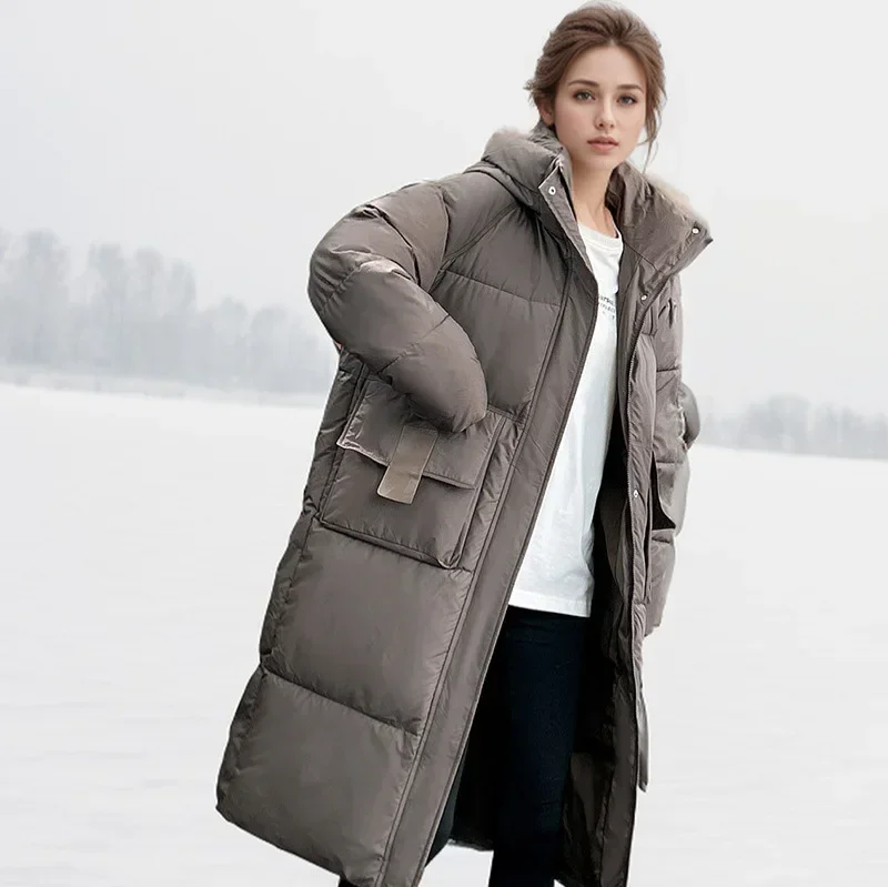 2024 New Woman Down Cotton Jacket Winter Long Coat Hooded Big Pockets Fashion Warm Thick Zipper Coat Female Winter Overcoat