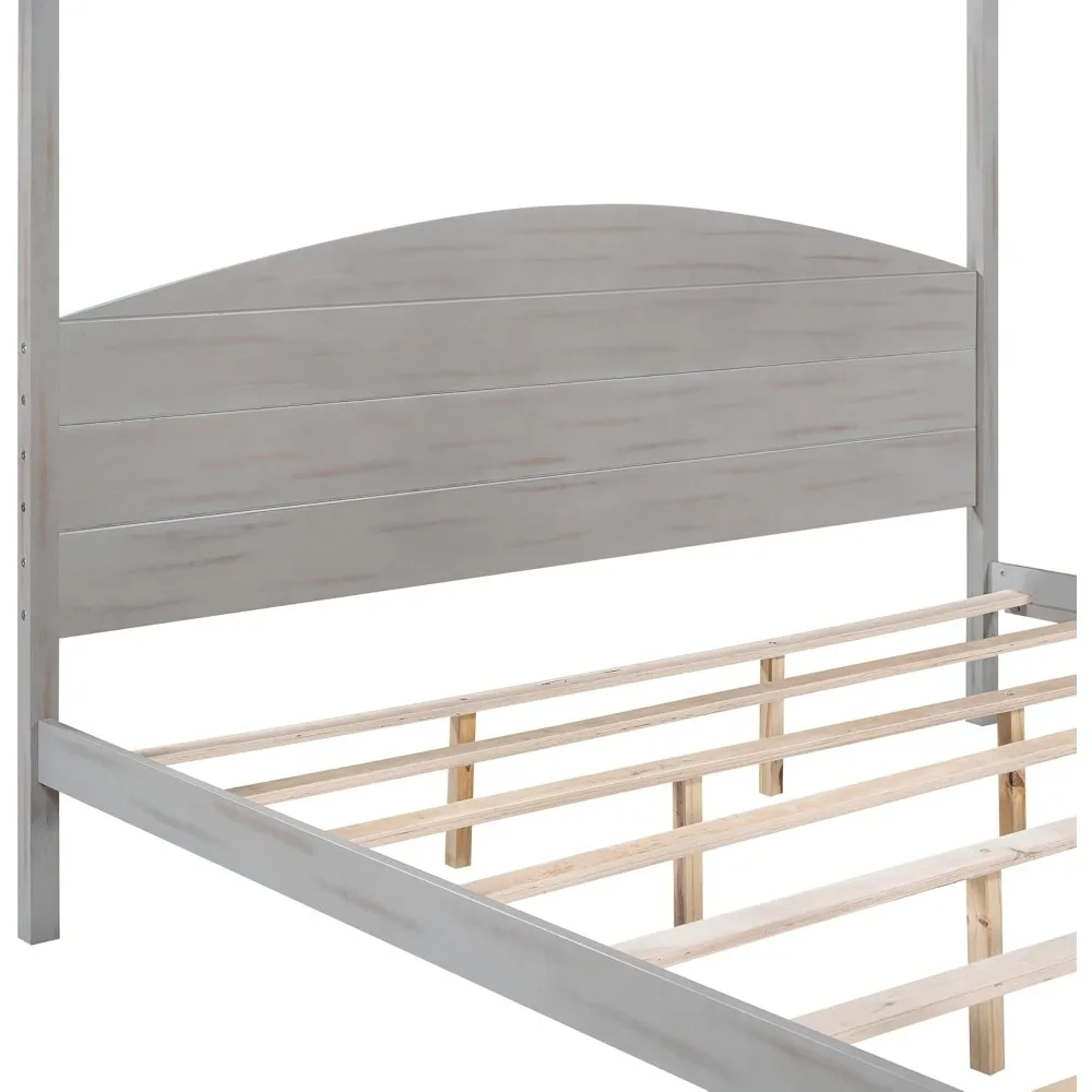 King Size Merax Wood Canopy Bed with Headboard, 8 Support Legs, Textured Classic Design, Squeak Resistant, No Box Spring Needed
