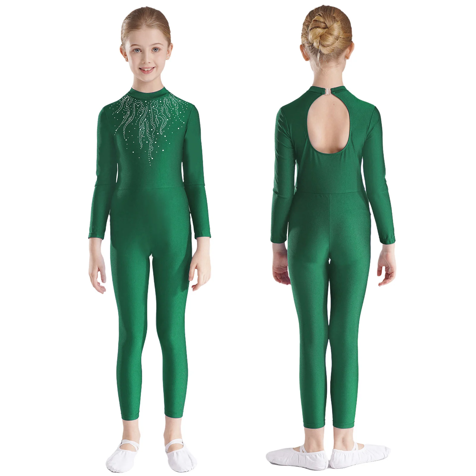 Girls Long Sleeve Sheer Mesh Gymnastics Jersey Ballet Dance Leotard Figure Skating Dance Jumpsuit Rhinestones Bodysuits Costume