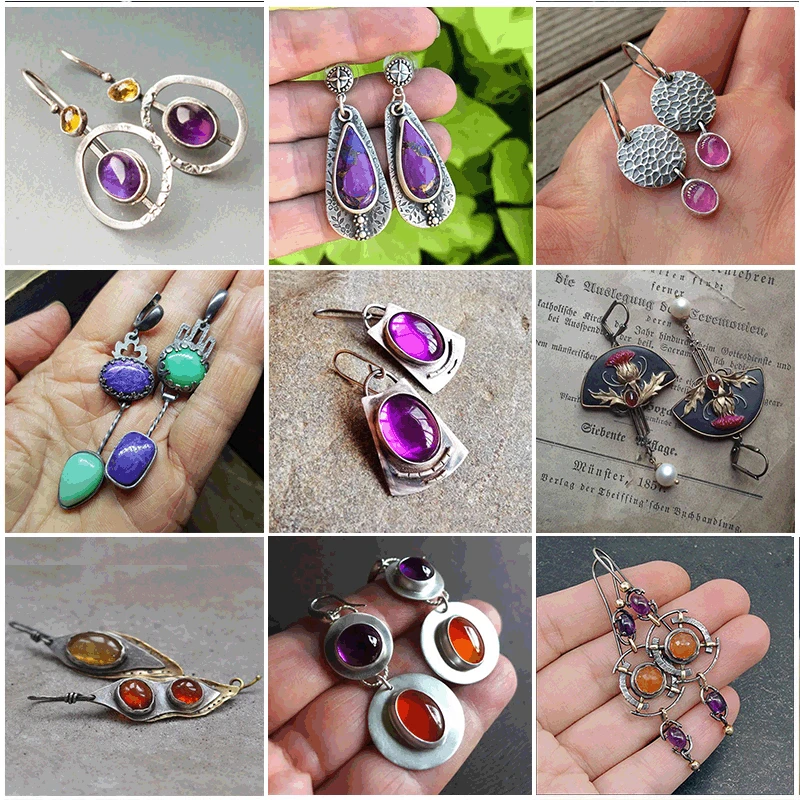 2023 New Fashion Purple Round Resin Hook Earrings Ladies Wedding Party Jewelry Silver Color Red Orange Stone Earring Gifts