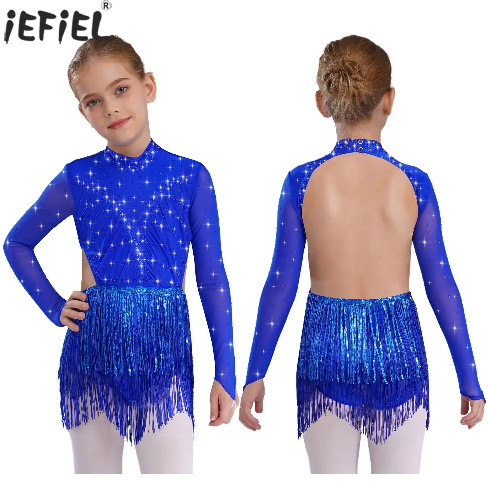 Kids Girls Sequin Tassel Latin Dance Figure Skating Leotard Long Sleeve Backless Shiny Rhinestones Cha-Cha Tango Ballet Bodysuit