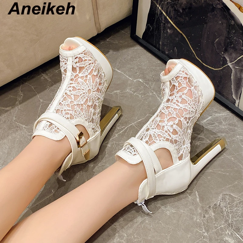 Aneikeh 2024 Summer New Lace up Ankle Boots Women\'s Open Toe Zipper Button High Heels Party Chelsea Boots Black  White 35-42