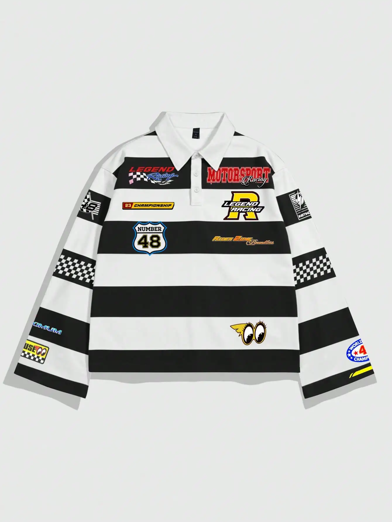 

Мужская поло-рубашка с длинным рукавом в полоску с графическим принтом в гоночном стиле, повседневный стиль преппи