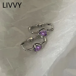 Silver Color Prevent Allergy Vintage Simple Twist Hoop Earrings for Women Fashion Purple Crystal Heart Zircon Party Jewelry Gift