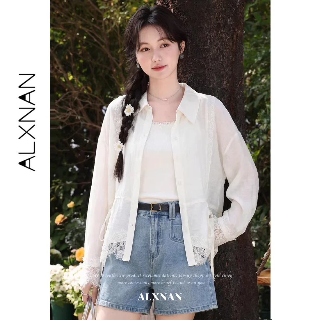 

ALXNAN Elegant Women's Shirts Beige Summer Lace Sun Protection Blouses 2026 Fashion Casual Office Long Sleeve Tops Female L63015