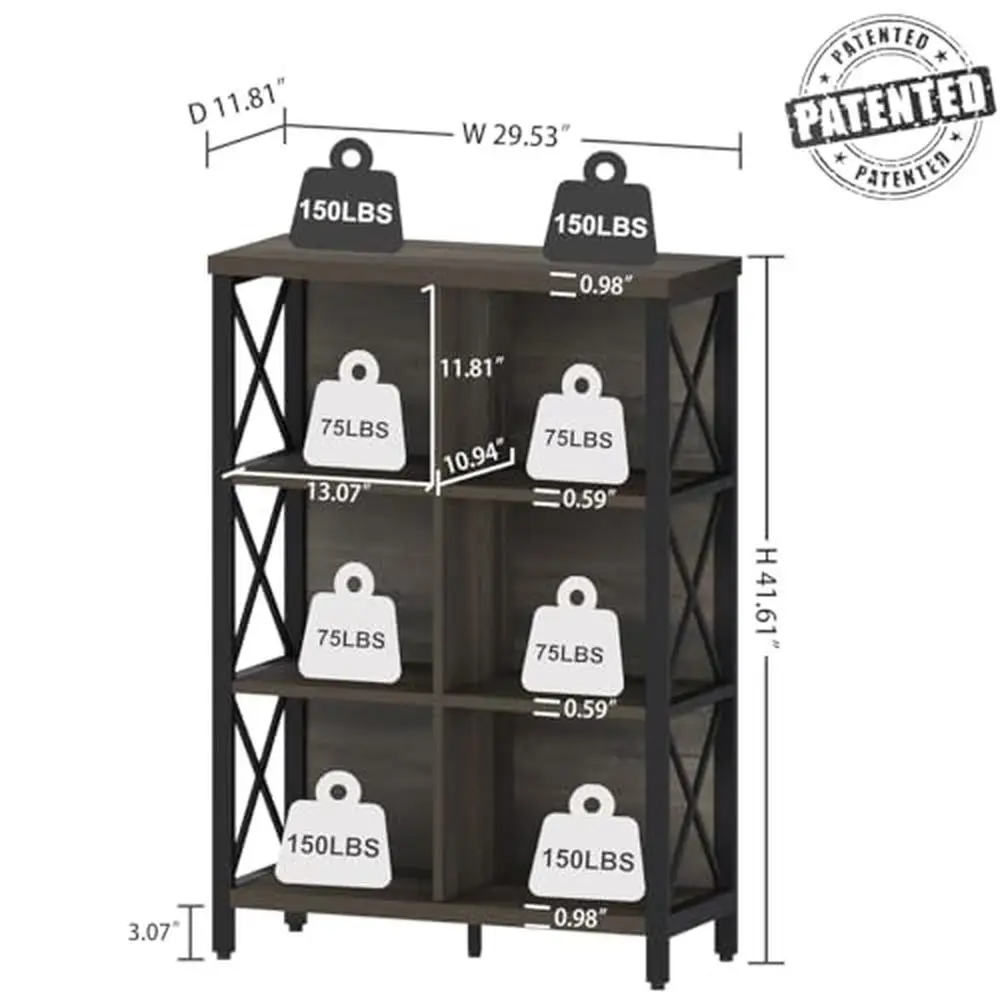 Rústico Madeira e Metal Organizador Prateleira, Estante Industrial para Adulto, 4 Tier Cubby Walnut Brown Cord Rewind, 6 Cube Autoportante Prateleira