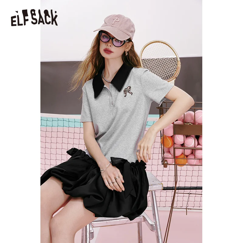 

ELFSACK 2024 summer new arrival College style suit collar satin stitching slim niche age-reducing dress for women