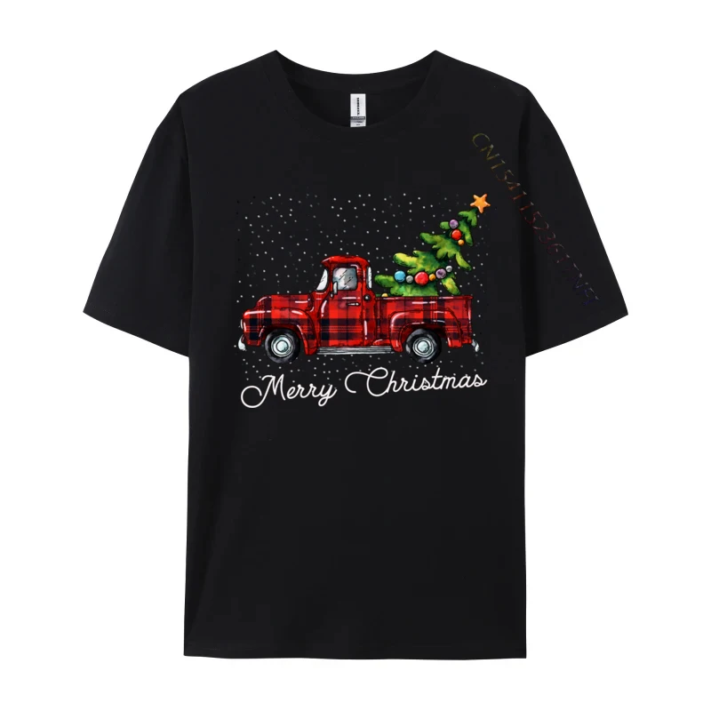 Crafty Merry Christmas Tree On Red Plaid Pickup T-Shirt Men Round-Neck Camisas Casual Tshirt Soft Cotton Fit Tee