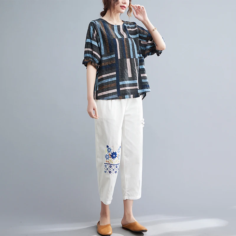 

Женский модный летний комплект из хлопкового льна больших размеров, свободный крой, скрывающий, для похудения, в стиле ретро, круглый, Ne ort Sve Dr