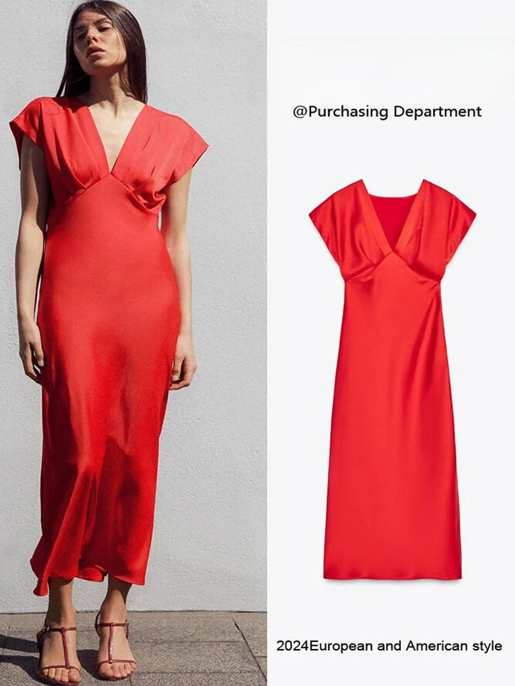 แฟชั่นผ้าไหมซาติน V-ne Midi Dr ผู้หญิงฤดูร้อนใหม่ Dr Ele Quali ort Sve Long Dr Midi Length