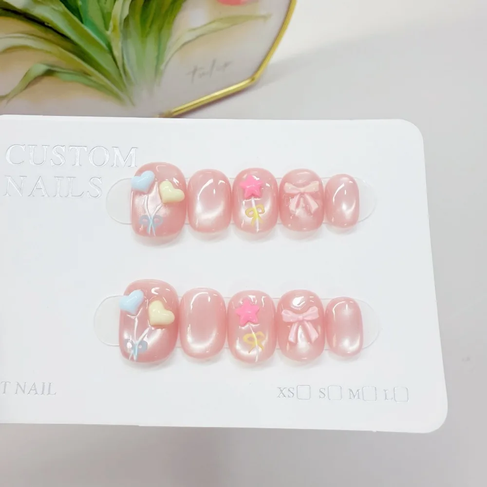 10 pièces doux mignon coeur étoiles arc-en-ciel ballons à la main presse sur les ongles rose coeur oeil de chat faux ongles amovibles réutilisables