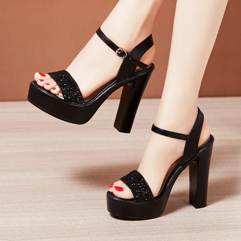 10cm 13cm Small Size 32-43 Elegant Glitter Sandals Chunky Platform Shoes Summer 2024 Women\'s Block High Heels Sandals Model