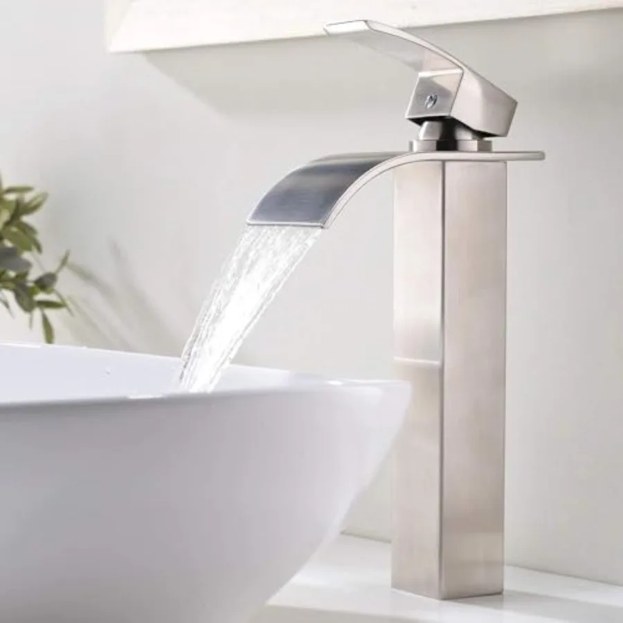 

Modern Wide Waterfall Spout Brushed Nickel Vessel Sink Faucet, Single Handle Tall Bathroom Faucet, Above Counter Single Hole Va
