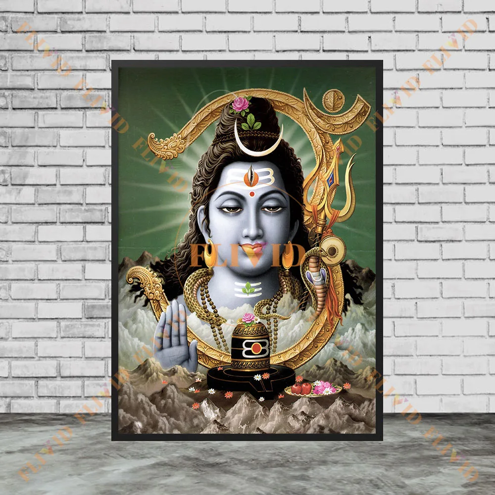 Hindu God Lord Shiva Canvas Wall Art,Traditional Hindu God Shiv With Trishul Nandi Cow Lingam Vintage Religious Poster Print