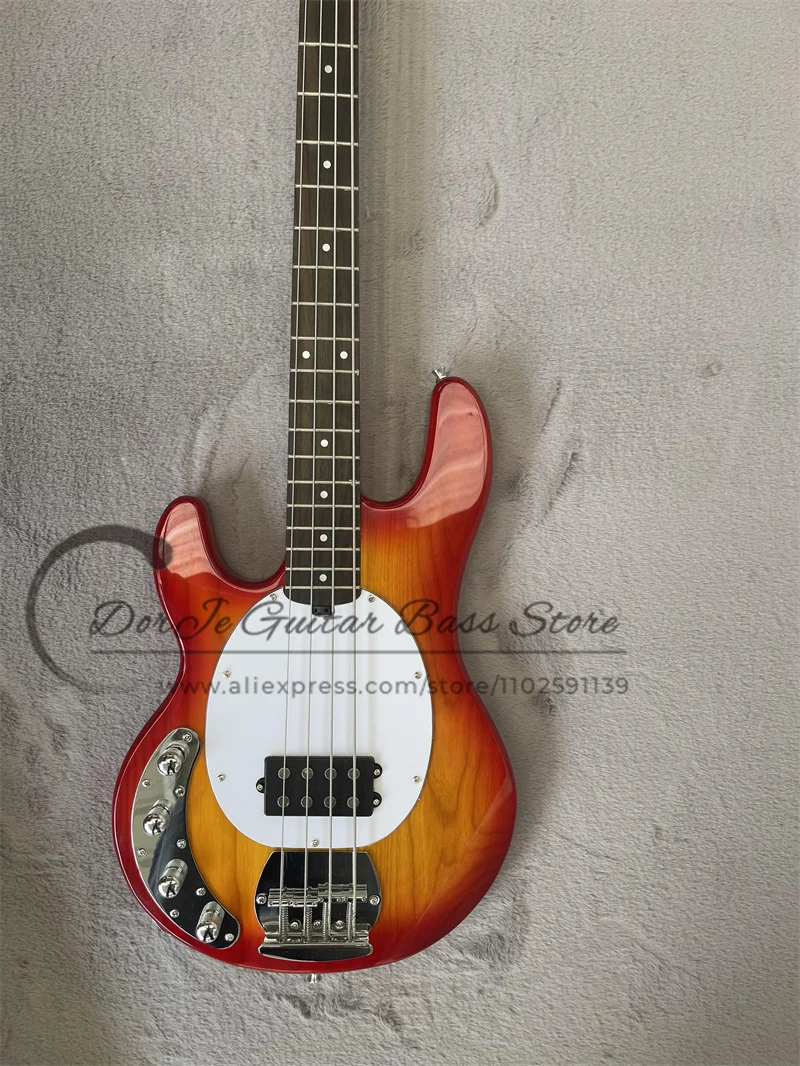

4 String Left hand Bass, Sunburst Cherry ASH Wood Body Maple Neck Active Battery White Pickups