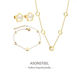 ASONSTEEL Luxury Elegant White Shell Flower Charm Bracelet Necklace Stud Earrings Women Stainless Steel Jewelry Trending Van New