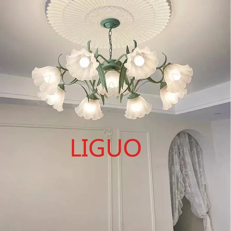 

Modern Romantic Flowers Chandeliers Art Parlor Dining Room Bedroom Chain Suspension White Glass E27 Bulb Green Metal High-end