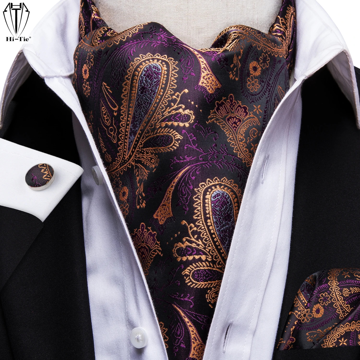 

Hi-Tie Purple Gold Paisley Silk Mens Ascots Hanky Cufflinks Set Jacquard Cashew Vintage Cravat Tie Scarf for Male Wedding Prom