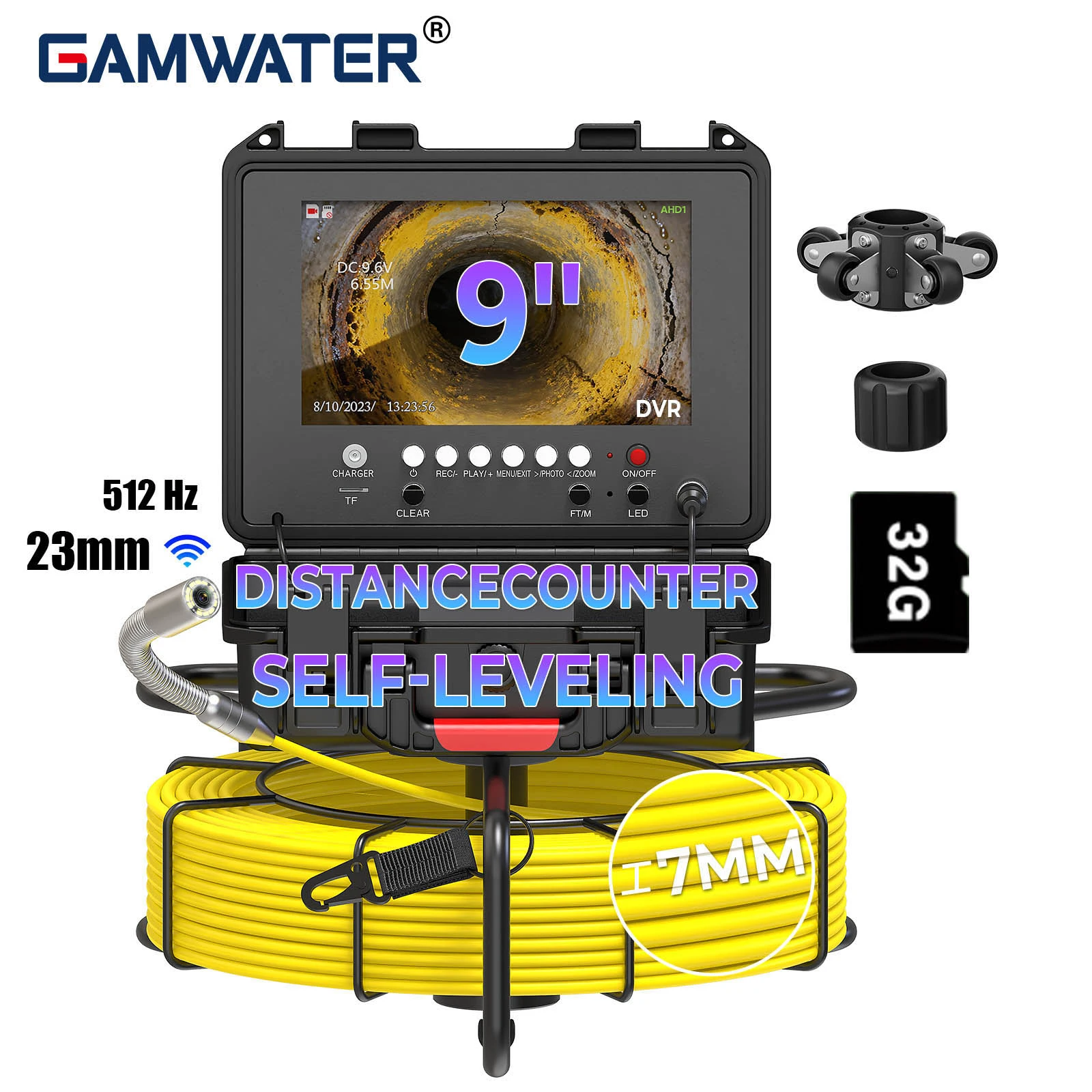 Câmera de Inspeção de Tubos de Esgoto de 23mm com Tela HD1080P de 9", Câmera Endoscópica Industrial com Sonda de 512Hz + Auto-nivelante + Cabo de 7mm 30/50M + 32GB