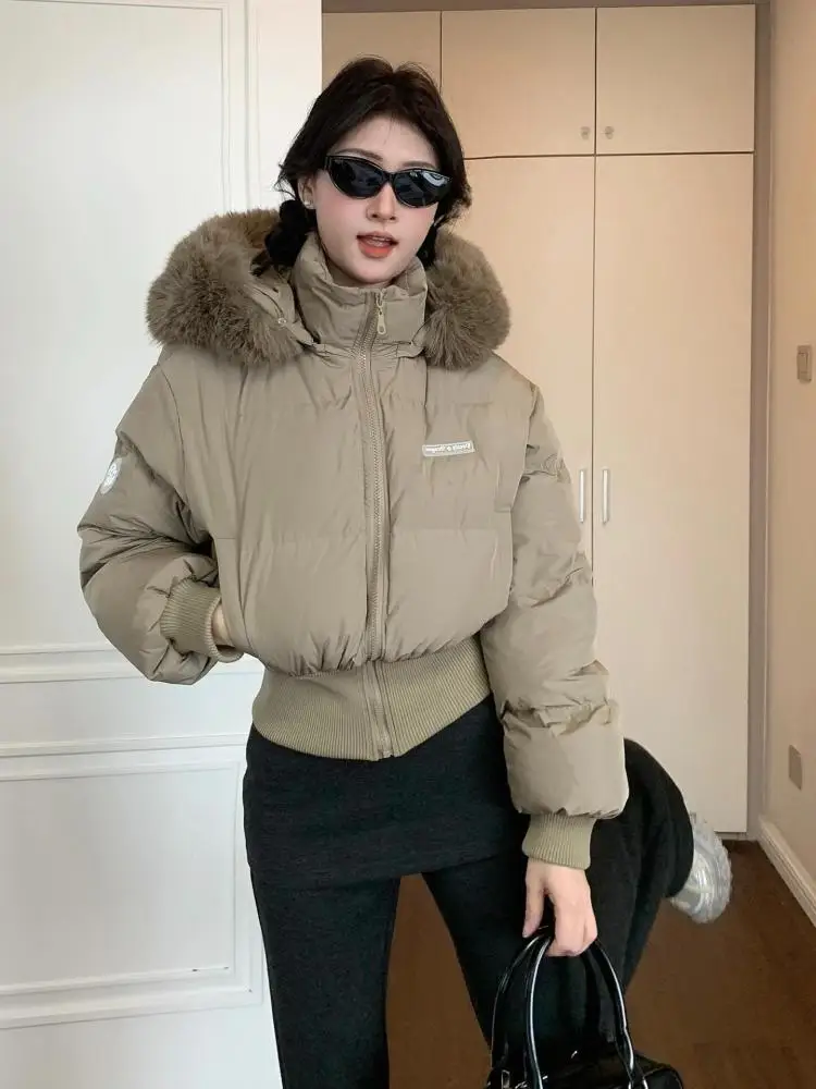 Koreanische Retro Frauen Schwarz Urlaub Kurze Unten Baumwolle Parkas Winter Khaki Zipper Mit Kapuze Mantel Dicke Warme Mode Beliebte Einfachheit