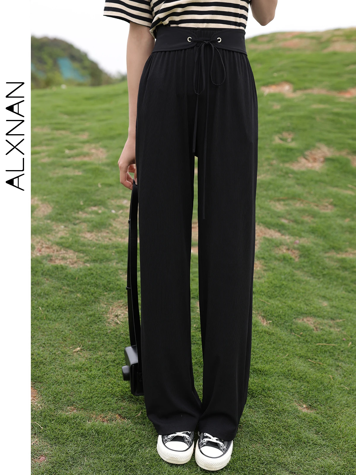 

ALXNAN Black High Waist Casual Knitted Pant for Woman 2024 Summer Baggy Pants Commuter Full Length Womens Trousers LXN25338