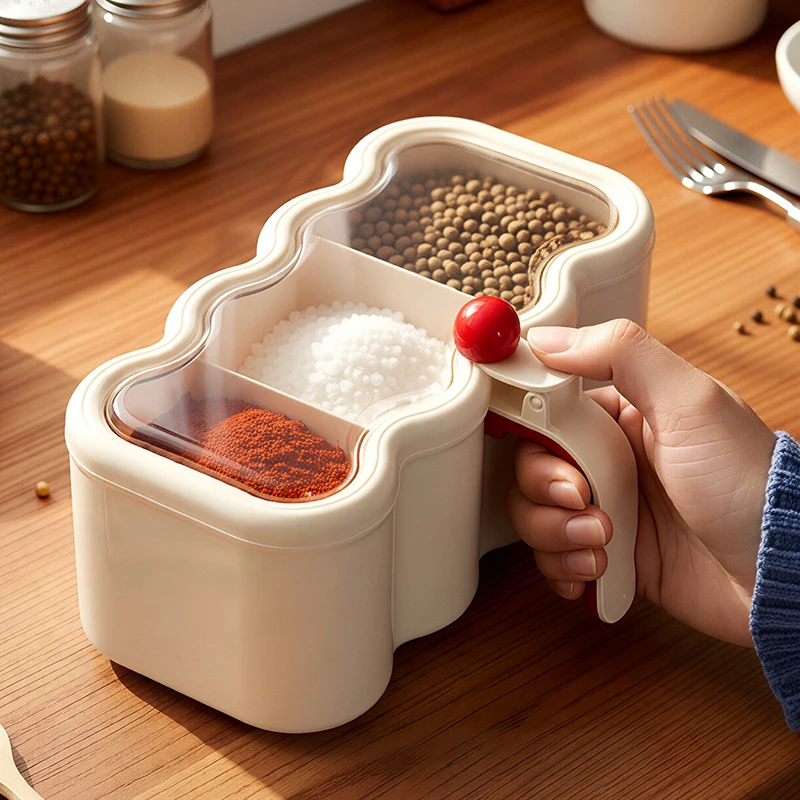 3 Compartment Spice Box with Handle & Clear Lid Kitchen Seasoning Storage Container Divided Condiment Jar for Salt Sugar