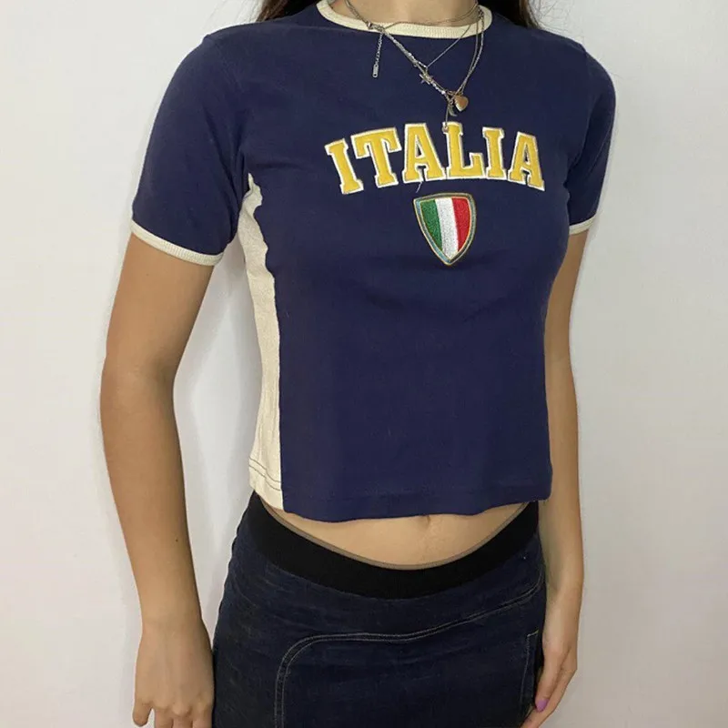 2024 Summer Low Price Italian Embroidered Round Neck Casual Short Splicing T-shirt Y2k Clothes Beautiful Sportswear