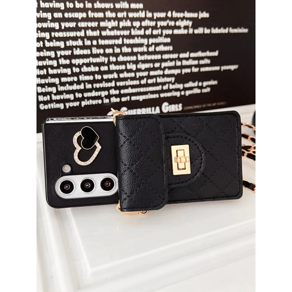 For Samsung Galaxy Z Fold 7 6 5 4 3 2 5G Love Heart Metal Buckle Lambskin Purse Card Bag Crossbody Long Chain Leather Case Cover