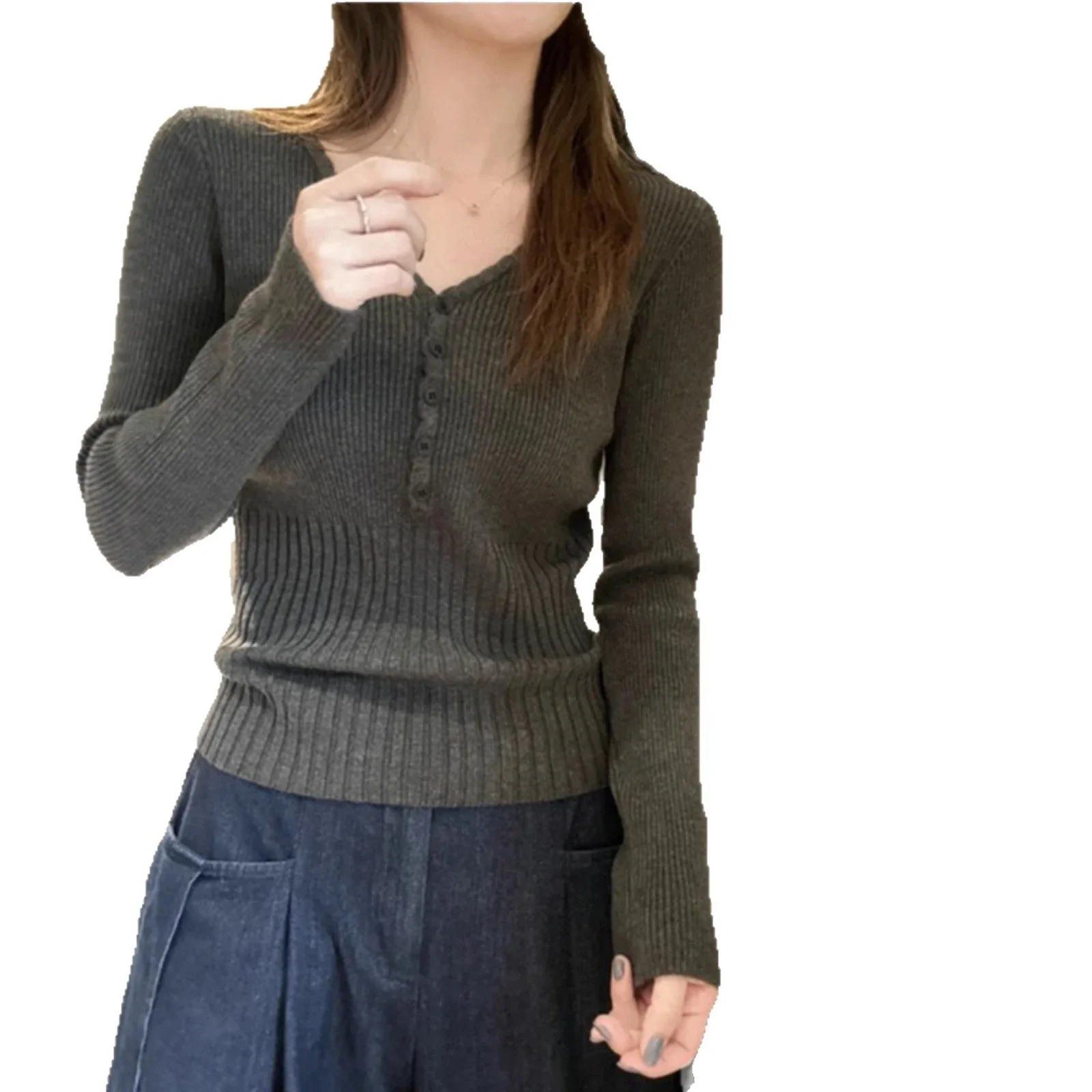 Women's Inner Wear Autumn Winter Thick Soft Waist-Cinching Slim Long Sleeve Top Korean Style V-Neck Knitted Base Shirt