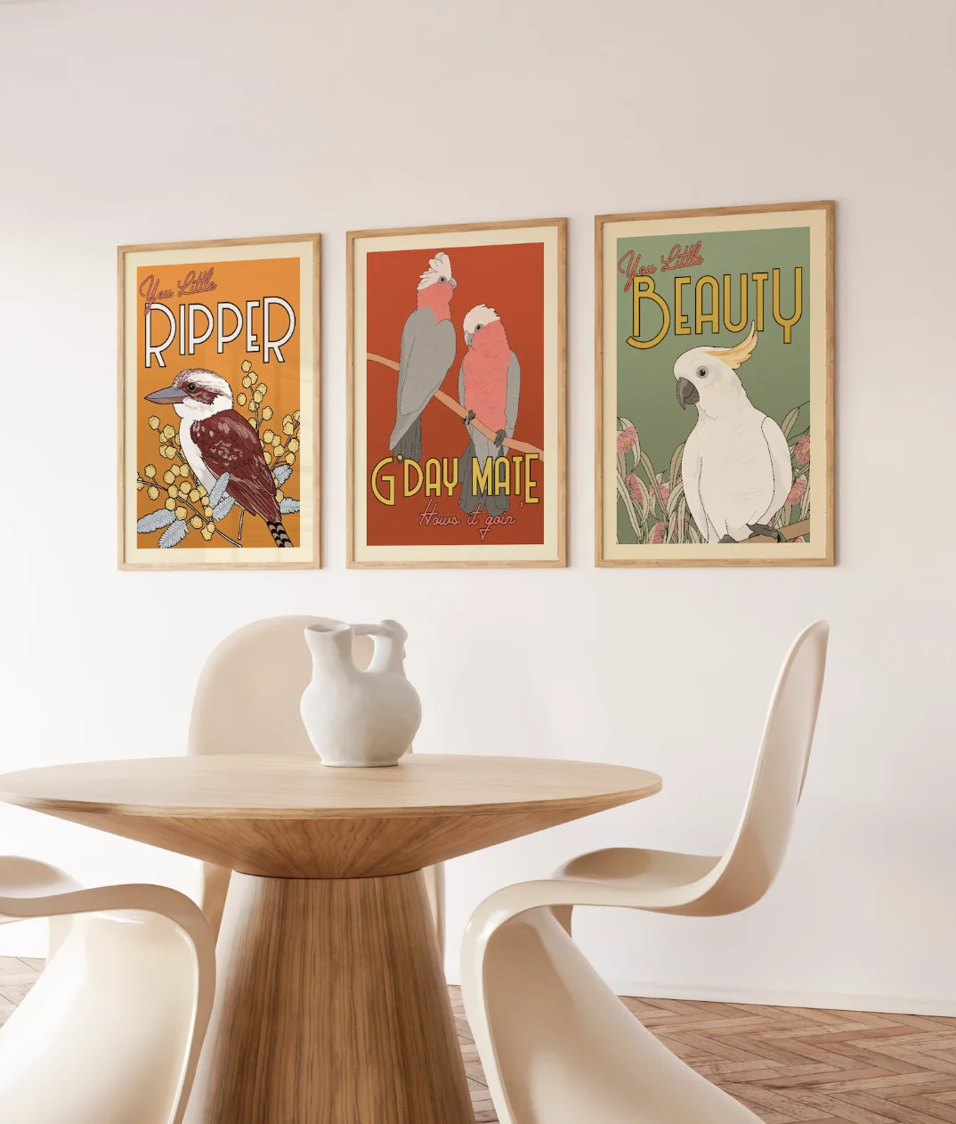 Retro Aussie Wildlife Canvas Wall Art Print, Cute Parrot Bird Illustration Poster Decor for Bedroom Living Room Farmhouse