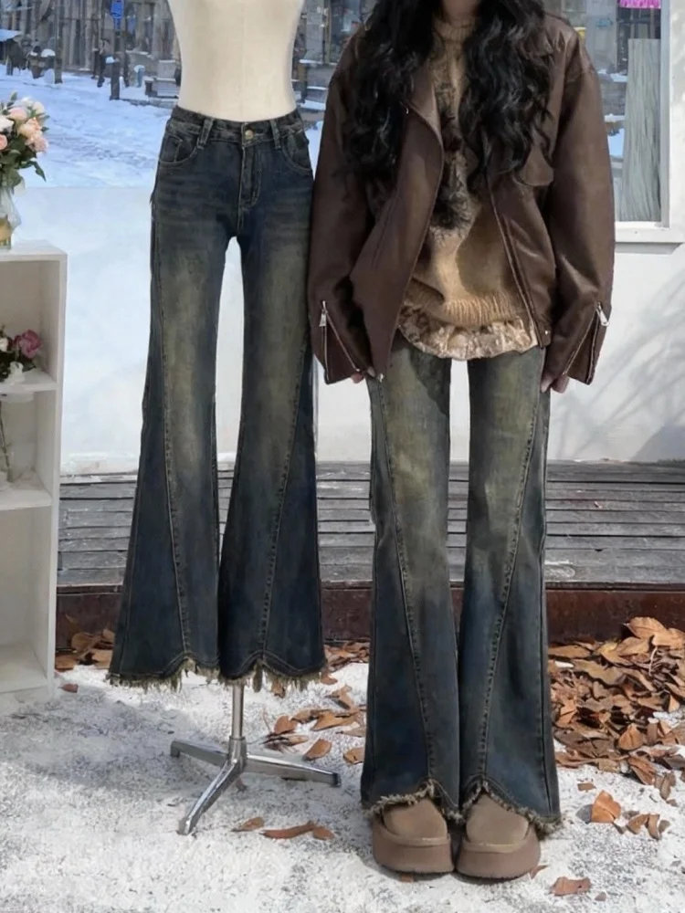 

Retro American Fce Lined Thiened Bell Bot High Waist Slimming Ankle Length Denim Jeans Women Autumn Winter Wide Leg P...