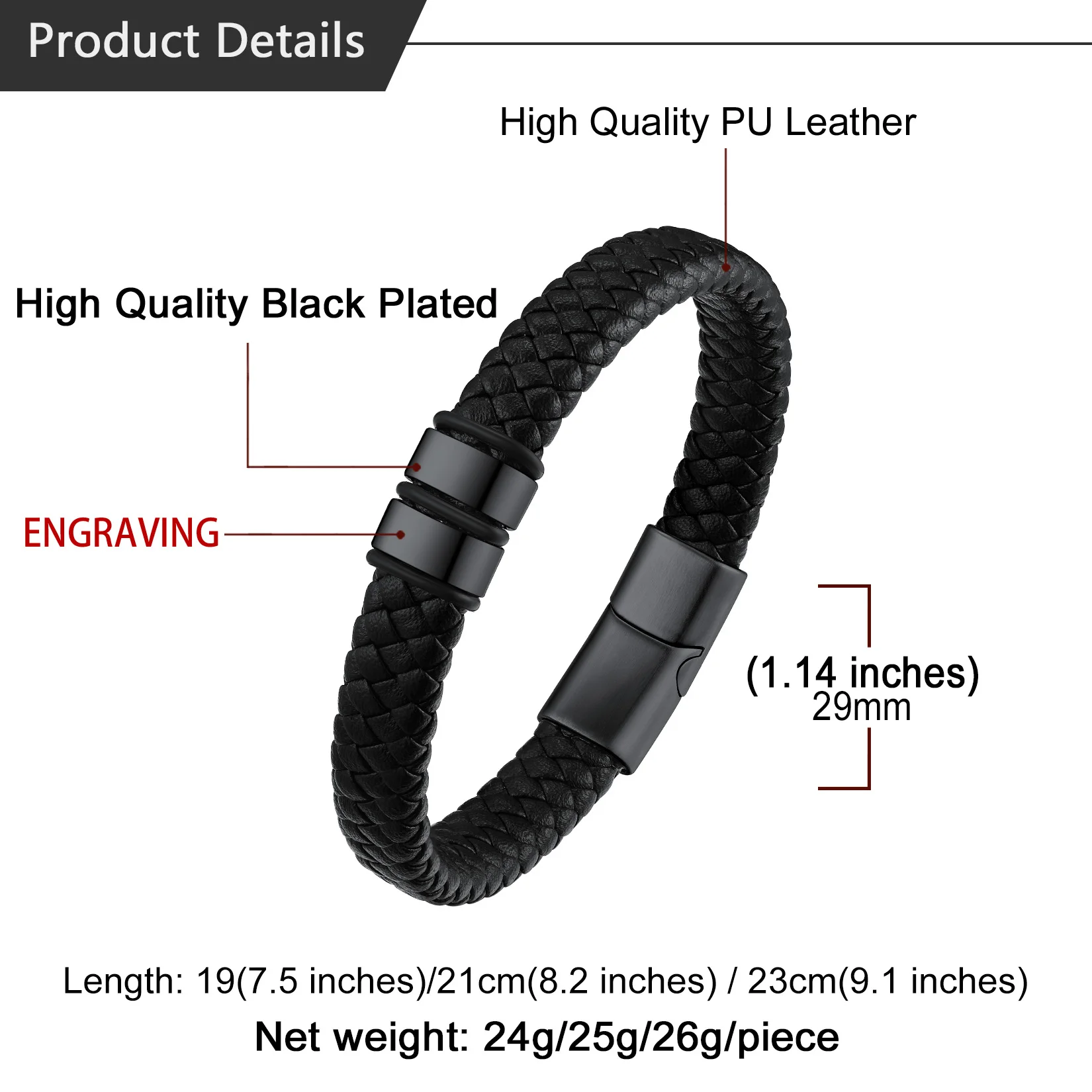 U7 Wide Black Braiding Leather Bracelet for Man Custom Laser Engrave Name Word Stainless Steel Bead 19cm Wristband Bracelet