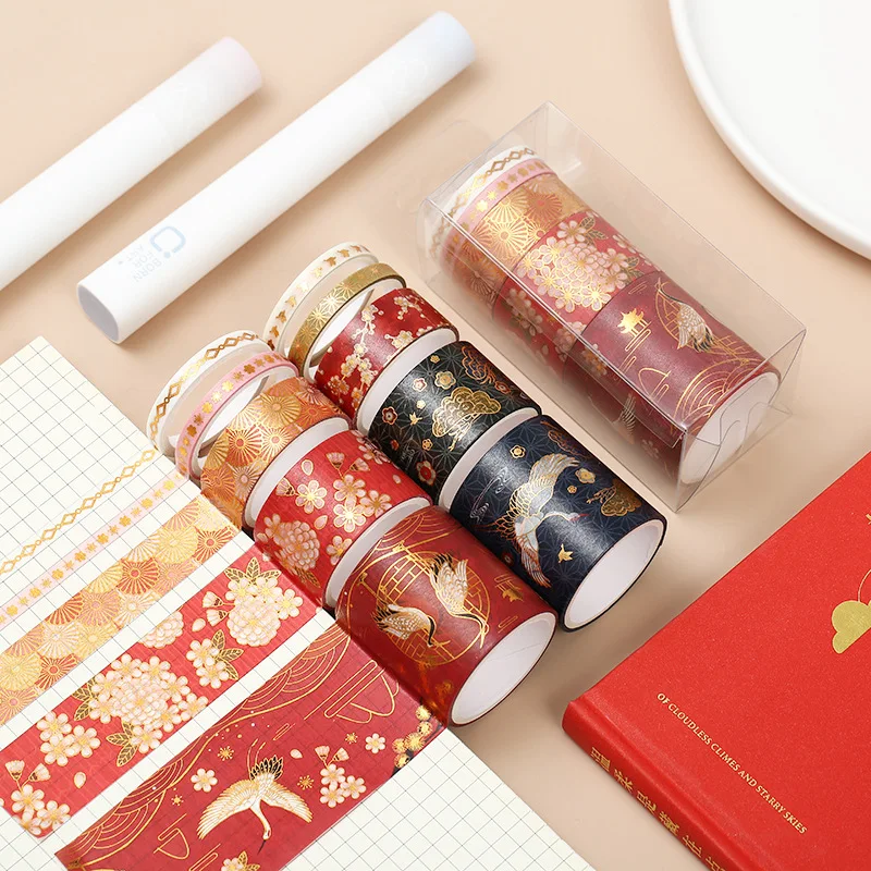 

5 Rolls/set,Chinese Wind Bronzing Washi Tape, Crane Auspicious Cloud Flower Hand Account Tape DIY Decorative Stickers