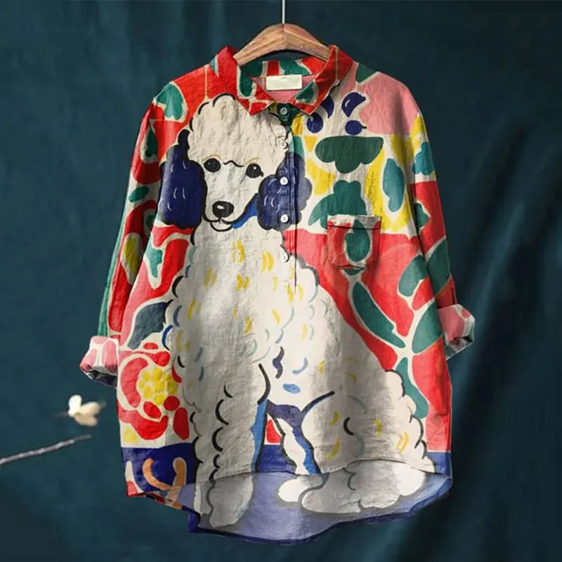 Vintage Cute Dog Scrawled Puppy Art Print Casual And Linen Shirt 3D Printed Casual Lapel Blouse