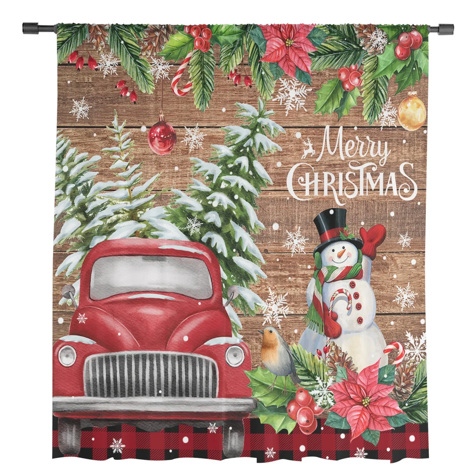 Snowflake Christmas Snowman Redwood Truck Sheer Curtains Home Window Decor Voile Tulle Curtains For Living Room Bedroom Kitchen