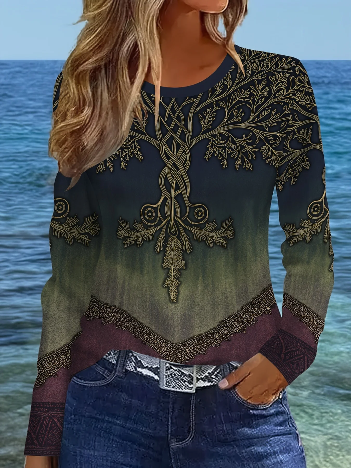 Women's Celtic Viking Sweatshirt Dark Green Gold Tree of Life Knot Print Long Sleeve Round Neck Casual Pullover Ethnic Top