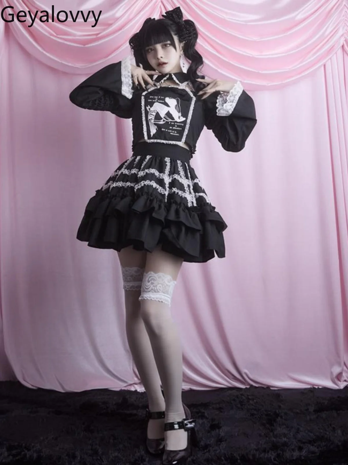 

Mine Lolita Lace Pleated Edge Flared Long Sleeve Black Short Shirt Top and Ribbon Skirt Sweet Cute Girl Suit Two-piece Set