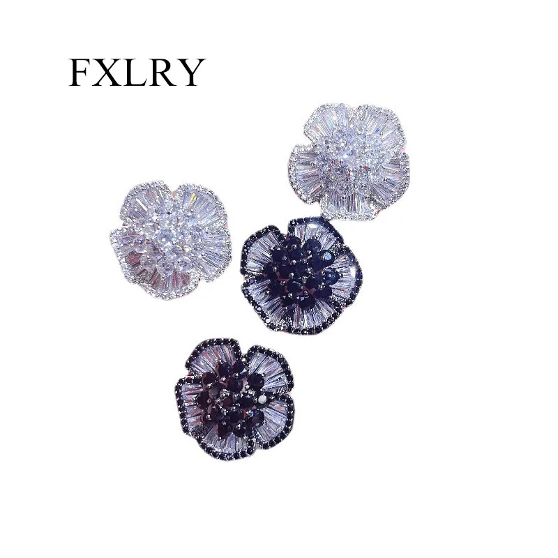 FXLRY French Ladies Style Earrings Retro Hollow Camellia Cubic Zirconia Earrings Valentine\'s Day Gift Accessories For Women