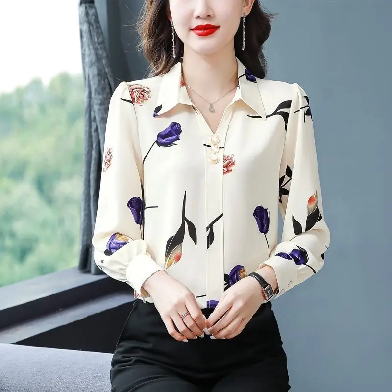 2023 New Spring Fashion Minimalist Print Polo Collar Single Breasted Long Sleeved Temperament Commuting Chic Women\'s Shirt