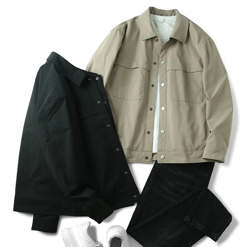 

Autumn Winter Men's Jaet Loose Long Sve Collared Cotton Lined Khaki Casual Outerwear Youth Trendy Stand Fit Outerwear
