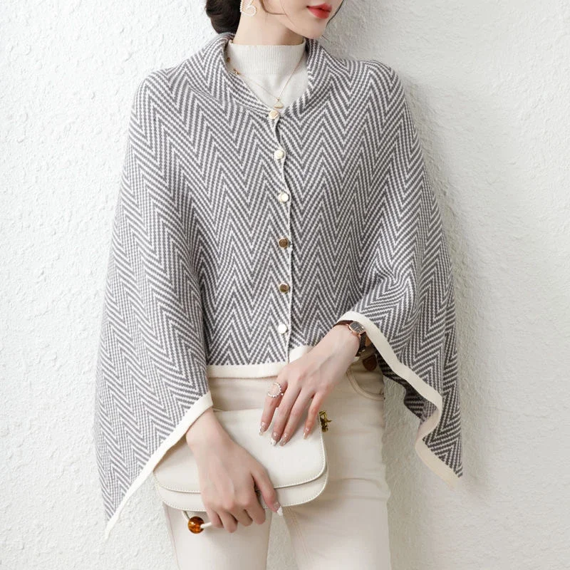Women Korean Style Knitted Cape Shawl Chevron Pattern Button Design Warm Thick Outerwear Scarf Poncho