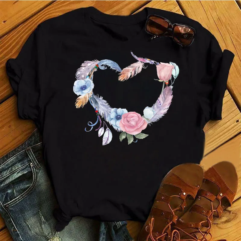 

Feathers Flowers Heart Printed T Shirt Women Black T Shirt Female Fashion Casual Cute Graphic Tee Tops Ladies Woman T-shirt Tops