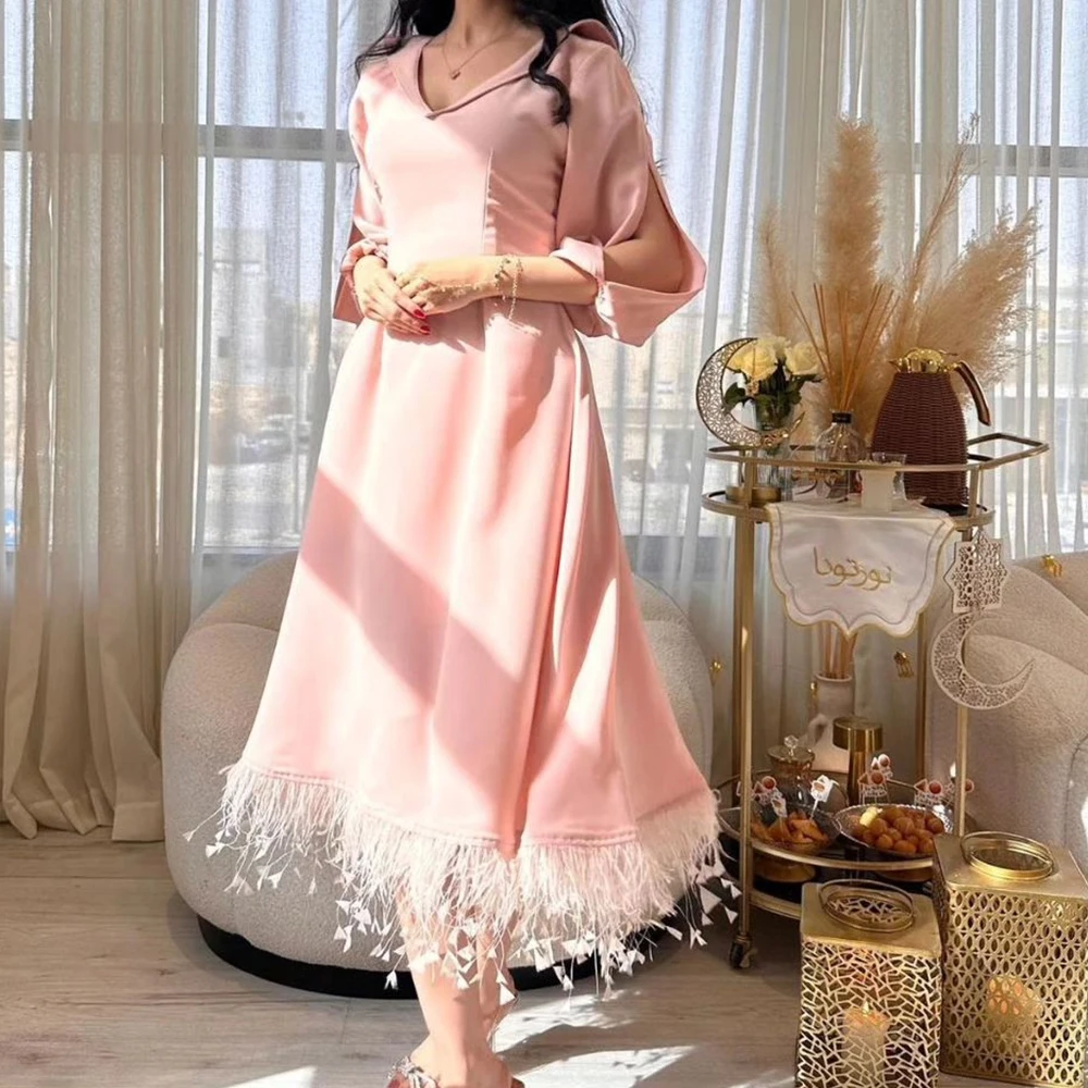 

Tea Length Elegant Party Dresses Woman Straight V Neck Jersey 3/4 Sleeves Pleats Feathers Classic Dresses For Formal Occasions