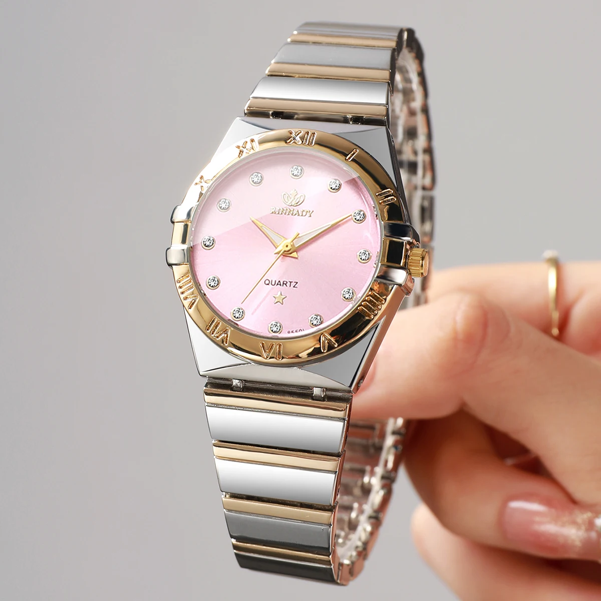 Elegant Ladies Two-Tone Interlocking Metal Strap Watch, Blush Pink Face Crystal Accent Casual Business Quartz Wrist Watch