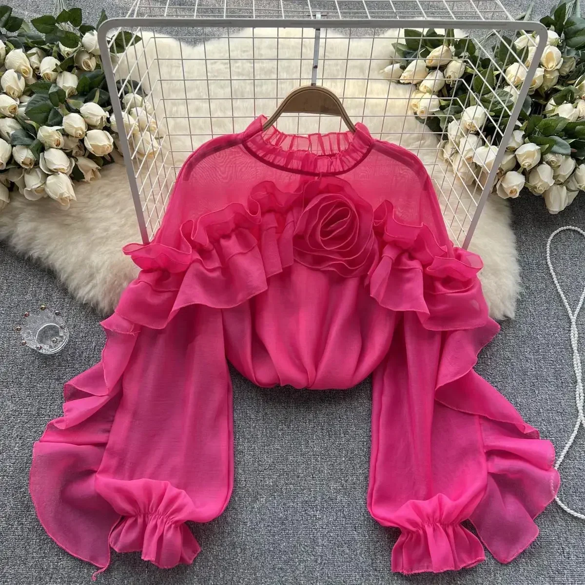 Ruffle Chiffon Blouse Summer Women Lantern Sleeve Fashion Slim Loose Vacation Ladies Y2K Casual Chic Tops