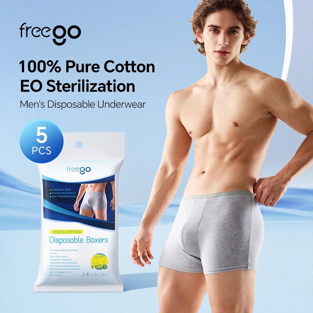 

5Pcs Freego Men's Disposable Underwear Breathable Antibacterial Boxer Briefs Man Cotton Panties for Fitness Hotel Spa Hospital